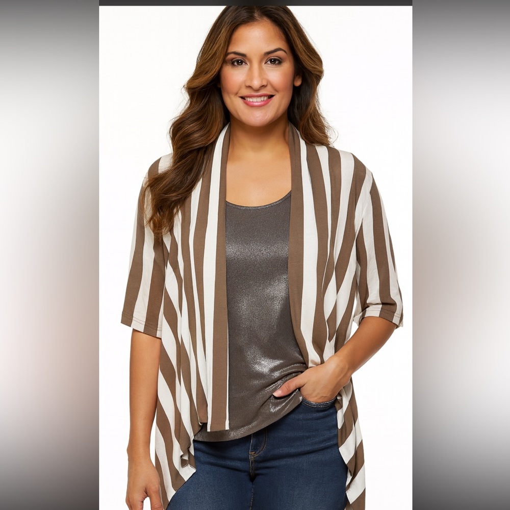 Chico’s Striped Open Front Cardigan Brown White Rayon Size 0 (S/M)